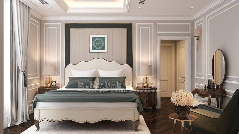Thiết kế nội thất phòng ngủ tân cổ điển sang trọng, quý phái. Thiết kế chung cư