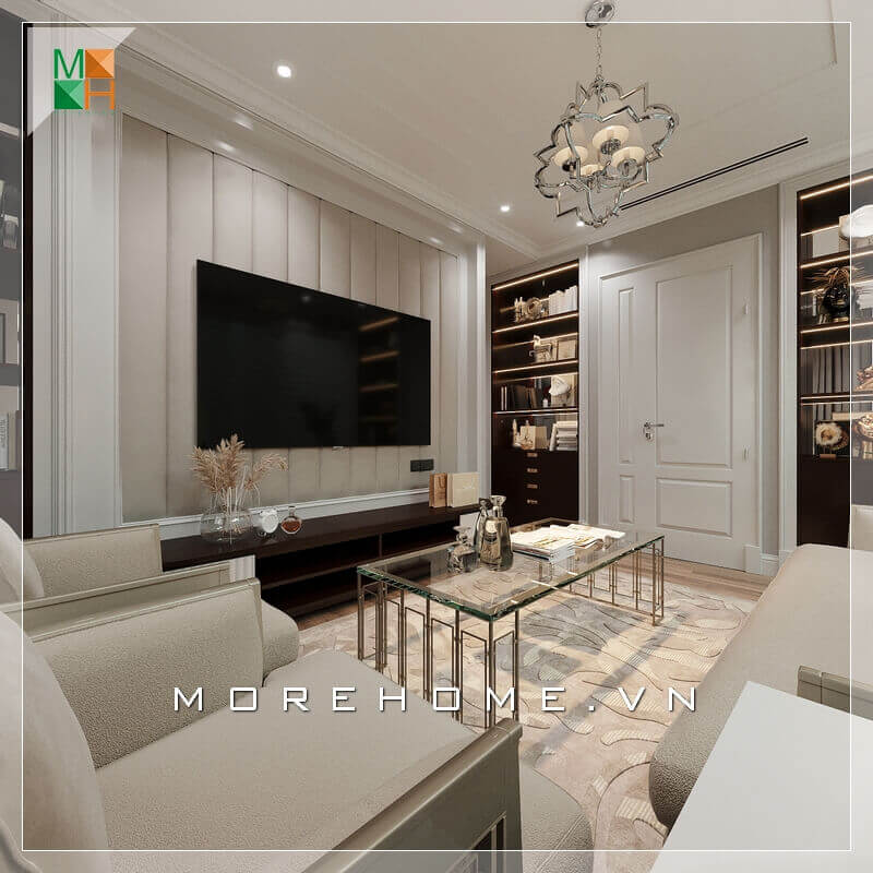 Giới thiệu mẫu sofa phòng khách đẹp cao cấp bọc nỉ màu kem sữa đẹp kết hợp với chiếc bàn kính sang trọng và đẳng cấp. Thiết kế tường treo TV rất sáng tạo ấn tượng với những chi tiết phào nổi đầy tinh tế. Kệ TV hiện đại cũng là một điểm nhấn giúp căn phòng trở nên đẳng cấp hơn. Tham khảo các mẫu bố trí phòng khách đẹp và sang trọng