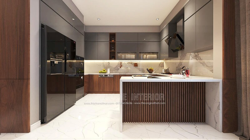 Sắp xếp nội thất phòng bếp độc đáo từ gỗ An Cường cao cấp kết hợp cùng đá ốp bếp sang trọng. thiết kế chung cư