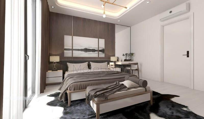 Phối cảnh nội thất phòng ngủ hiện đại ấn tượng với chất liệu gỗ óc chó sang trọng từ gỗ ốp tường, giường ngủ gỗ, đôn sofa,.. thiết kế chung cư