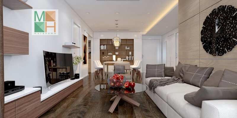 Trang trí phòng khách chung cư hiện đại với đồ nội thất nhỏ gọn tiện nghi: đồng hồ treo tường độc đáo, kệ ti vi, bộ sofa màu trắng thiết kế chung cư