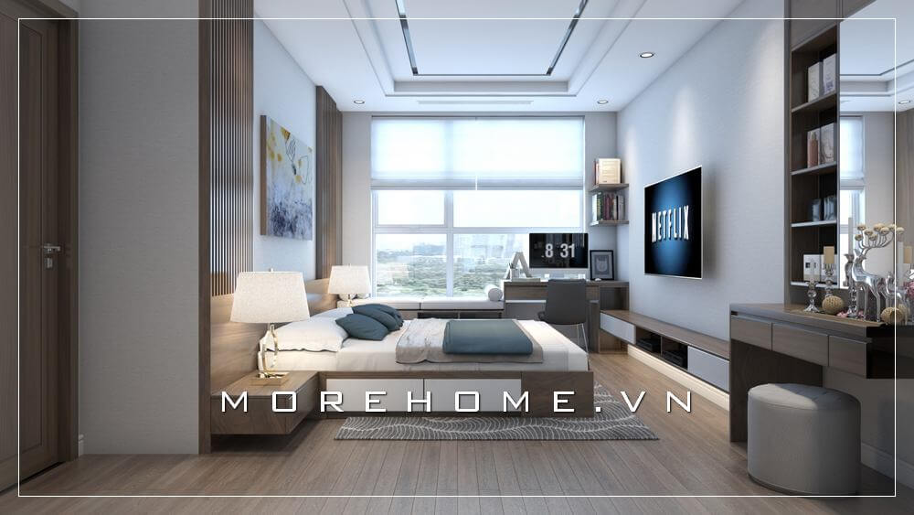 Phòng ngủ chung cư hiện đại được bố trí hợp lí, khoa học, toàn bộ nội thất trong căn phòng được thiết kế đa năng mang lại sự thuận tiện nhất cho gia chủ Thiết kế nội thất
