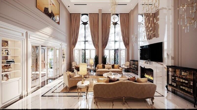 Sắp xếp nội thất phòng khách tân cổ điển đẹp, sang trọng tại Vinhomes Imperia Hải Phòng. Thiết kế nội thất