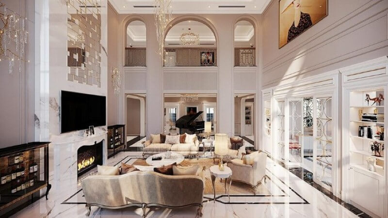 Thiết kế nội thất biệt thự Vinhomes Imperia Hải Phòng ấn tượng với phòng khách thông tầng đẹp, sang trọng. Thiết kế nội thất