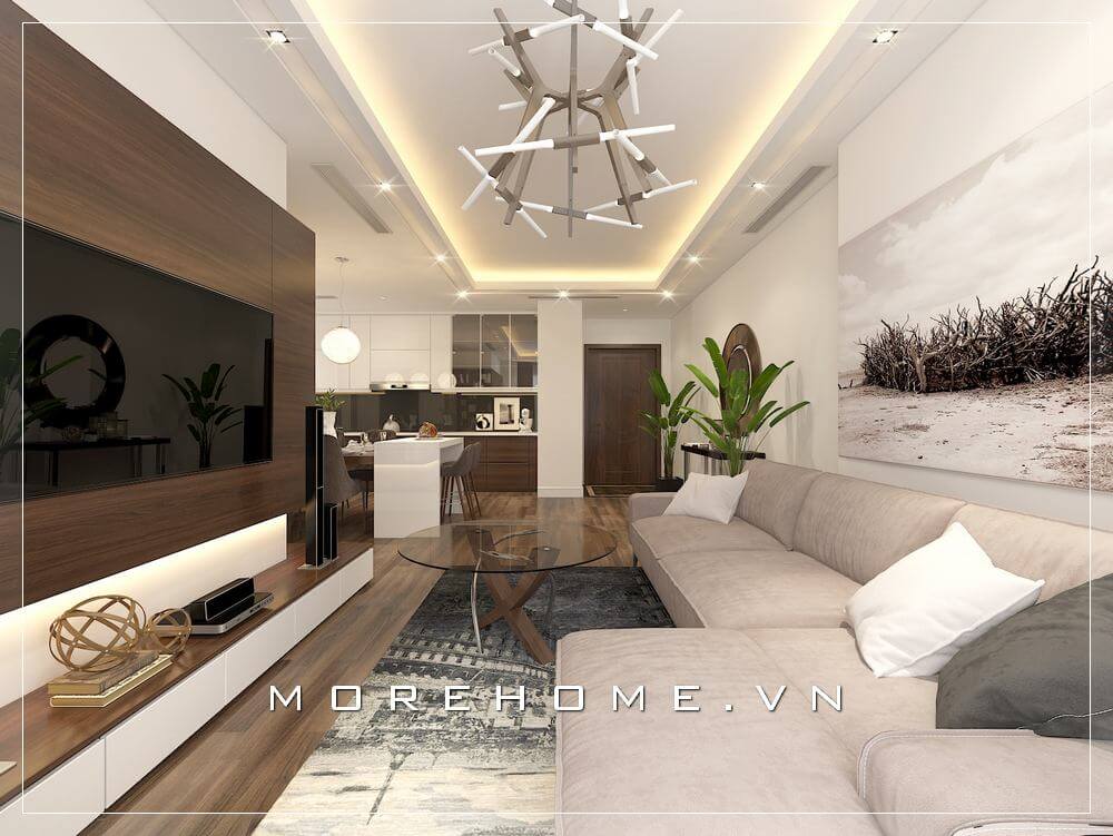 Phong cách hiện đại kết hợp đồ nội thất đơn sắc hoặc họa tiết nhỏ sẽ tạo nên sự rộng rãi, không gian như được cơi nới hơn cho căn hộ nhỏ. Thiết kế chung cư