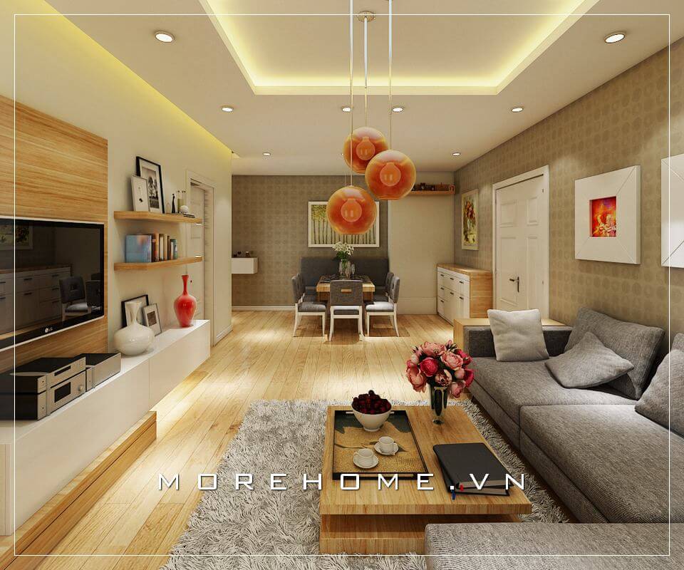 Bố trí phòng khách đơn giản với nội thất gỗ hiện đại tone màu nâu chủ đạo tạo nên không gian ấm cúng và sang trọng nhất Thiết kế chung cư