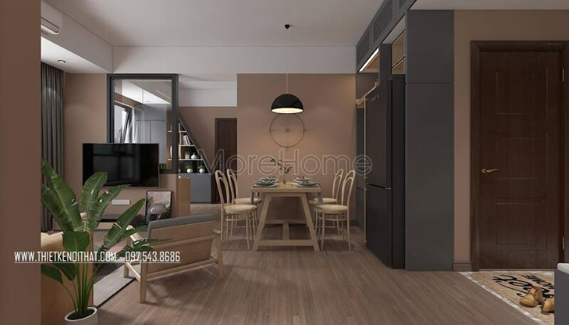 Khu vực ăn uống được liên kết trực tiếp với phòng khách để tiết kiệm diện tích và tăng sự liên kết cho không gian Mẫu nội thất chung cư đẹp