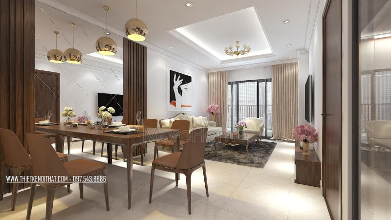 Liền kề với phòng khách là không gian uống ấm cúng được KTS thiết kế với mẫu bàn ăn hiện đại 6 người ngồi Mẫu nội thất chung cư đẹp