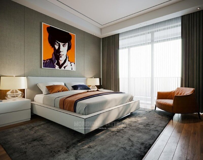 canvas phòng ngủ đẹp sáng tạo với không gian hiện đại nổi bật với tone cam điểm nhấn. thiết kế nội thất chung cư