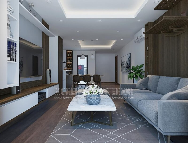 Thiết kế nội thất phòng khách chung cư với đồ nội thất gỗ công nghiệp hiện đại Thiết kế nội thất phòng khách chung cư hiện đại
