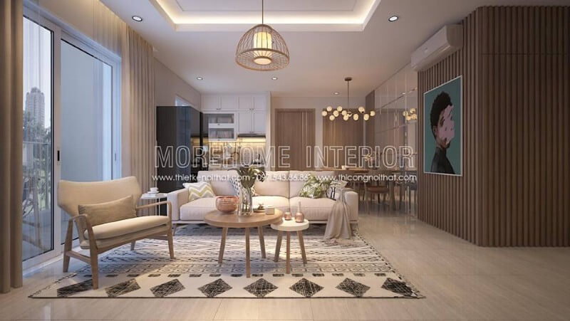 Không gian phòng khách với đồ nội thất cần thiết thiết kế hiện đại đẹp mắt được phân cách bởi tấm thảm trải sàn họa tiết lạ mắt, mang đến sự thu hút đặc biệt Thiết kế nội thất phòng khách chung cư hiện đại