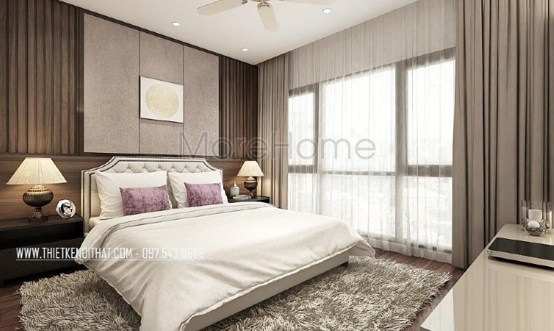 Giường ngủ bọc nệm màu sữa cùng họa tiết trang trí đẹp mắt từ các nút nệm cùng đường nét uốn lượn đầu giường tạo điểm nhấn độc đáo cho phòng ngủ master hiện đại. thiết kế nội thất chung cư