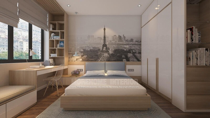 Sắp xếp nội thất phòng ngủ hiện đại, đẹp sang trọng với tranh dán tường địa danh nổi tiếng cùng nội thất gỗ công nghiệp An Cường cao cấp. Mẫu nội thất chung cư đẹp