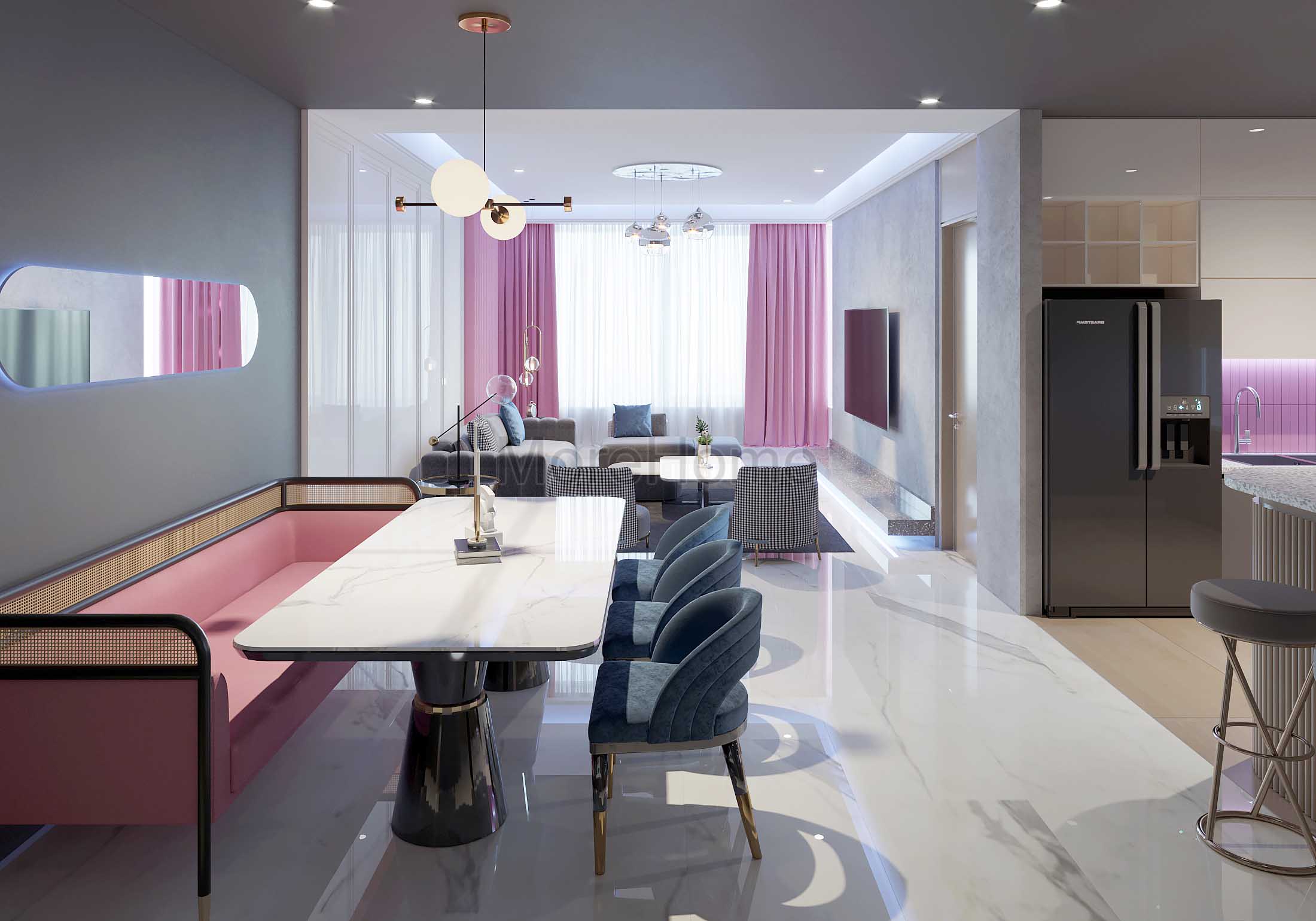 Thiết kế nội thất phòng ăn chung cư với tone màu cá tính kết hợp màu hồng dễ thương tạo lên sự lãng mạn cho không gian ngôi nhà. Mẫu nội thất chung cư đẹp
