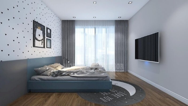Ý tưởng bố trí phòng bé đơn giản với cửa lớn cùng rèm 2 lớp giúp phòng bé luôn tràn trề sinh khí nhưng vẫn giảm thiểu tối đa sức nóng ngày hè oi ả. Thiết kế nội thất chung cư đẹp, hiện đại class=