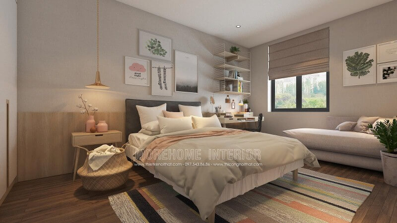 Gạch giả gỗ ốp tường cùng cách thiết kế hiện đại, độc đáo đã tạo nên phòng ngủ trẻ trung, sinh động. Thiết kế nội thất chung cư đẹp, hiện đại class=