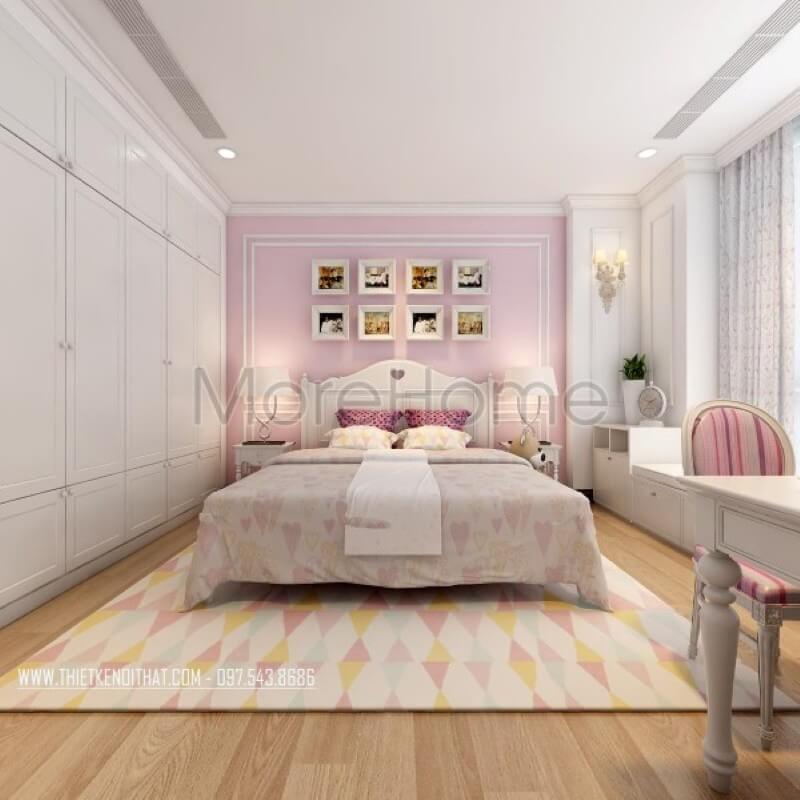 Trang trí nội thất phòng ngủ con chung cư cao cấp với gam màu hồng phấn đóng vai trò chủ đạo thiết kế chung cư