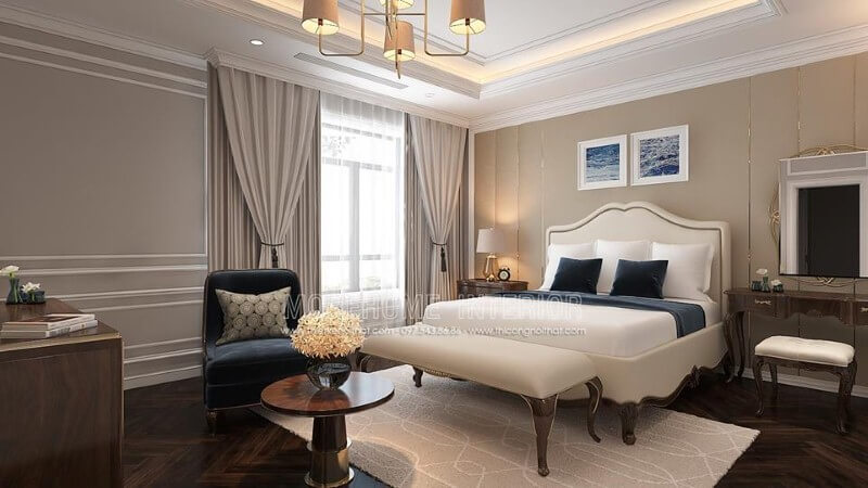 Sắp xếp nội thất phòng ngủ tân cổ điển đẹp, sang trọng nổi bật với sắc trắng điểm nhấn từ bộ đôn, giường bọc nệm gỗ óc chó tự nhiên. thiết kế nội thất chung cư