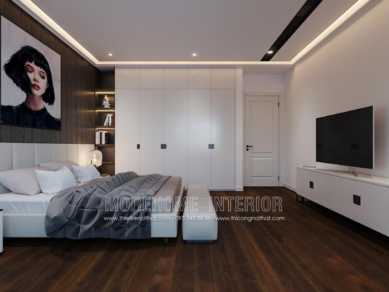 Bố trí nội thất phòng ngủ hiện đại ấn tượng với sàn gỗ óc chó cao cấp sang trọng. thiết kế nội thất chung cư