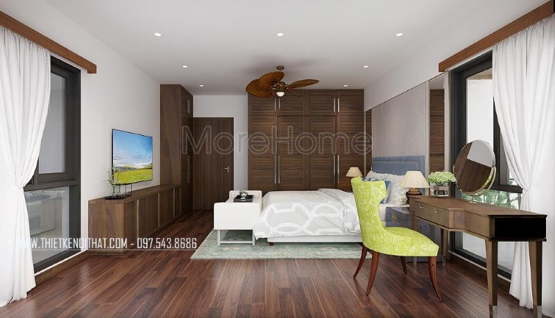Nội thất phòng ngủ master gỗ óc chó trở thành điểm nhấn bởi vẻ đẹp hoàn hảo được tôn lên từ Sàn gỗ, bộ bàn ghế trang điểm, tủ quần áo, kệ tivi, cửa gỗ. thiết kế nội thất chung cư