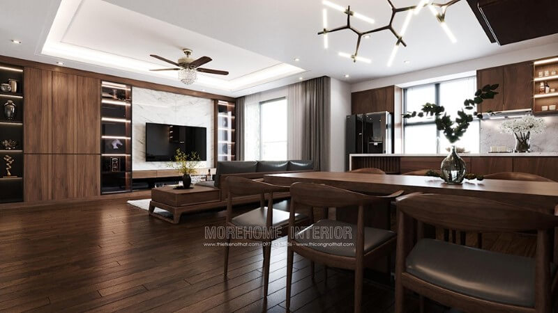 Sản phẩm bàn ăn 6 ghế gỗ óc chó đẹp phong cách hiện đại tại chung cư Imperia Sky Garden Hai Bà Trưng Hà Nội thiết kế chung cư