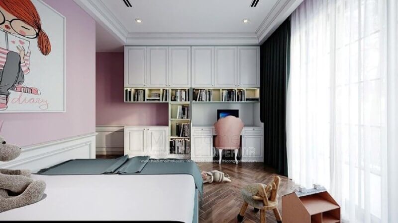 Bàn học liền kệ tủ trang trí đẹp, tiện nghi cho phòng ngủ bé gái. thiết kế chung cư