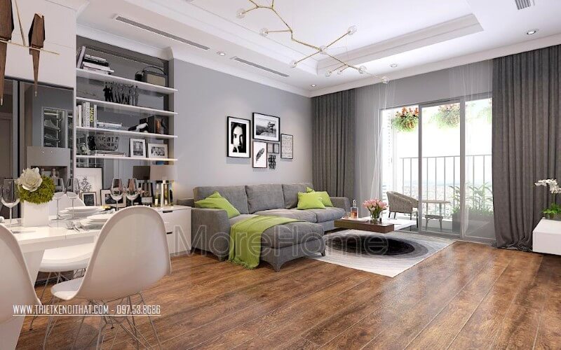 Không gian phòng khách sang trọng với bộ sofa khung gỗ tự nhiên bọc nỉ cao cấp Thiết kế chung cư