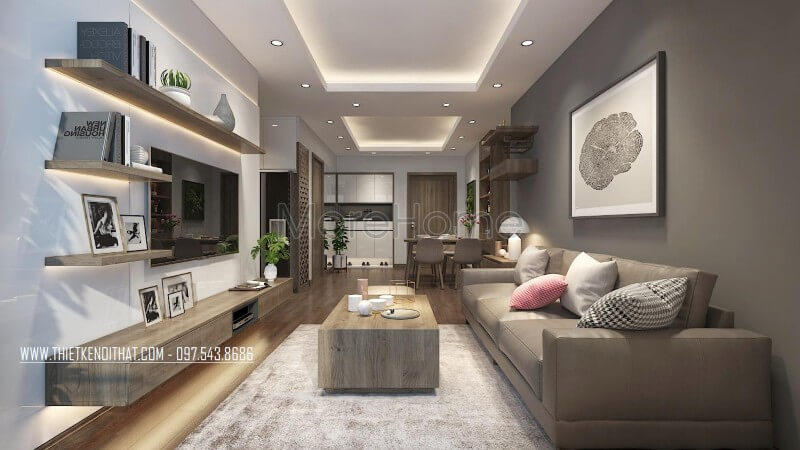 Sofa văng màu xám bọc bọc da thật cao cấp mang đến sự ấn tượng và sang trọng hơn cho phòng khách Thiết kế chung cư