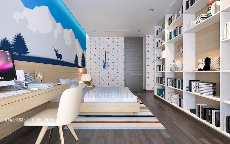 Kệ trang trí phòng ngủ trẻ đẹp, độc đáo với thiết kế tủ kệ trang trí nhiều ngăn giúp không gian trở nên thông thoáng, đẹp mắt. thiết kế nội thất chung cư