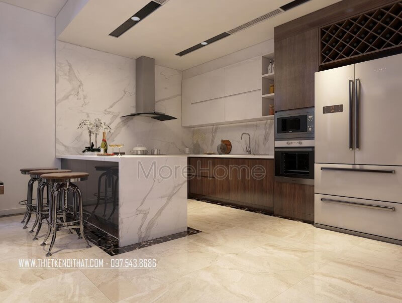 Thiết kế phòng bếp hiện đại hình chữ U rộng rãi với việc kết hợp với bàn bar tiện lợi hơn cho người đầu bếp Thiết kế phòng bếp chung cư đẹp, ấn tượng