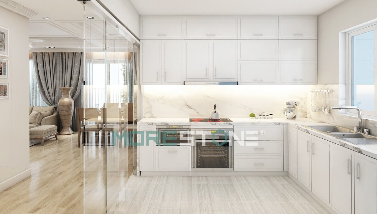 Đá trắng vân mây có độ cứng cao, chịu nhiệt tốt Thiết kế phòng bếp chung cư đẹp, ấn tượng