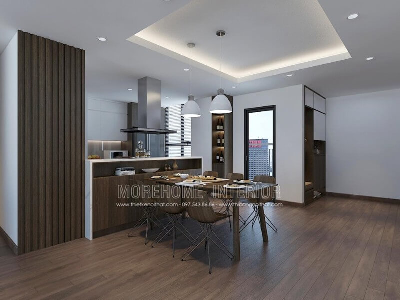 Phòng khách liên kết trực tiếp với khu vực ăn uống, tạo không gian mở và sự thông thoáng cho căn chung cư Mẫu nội thất chung cư đẹp