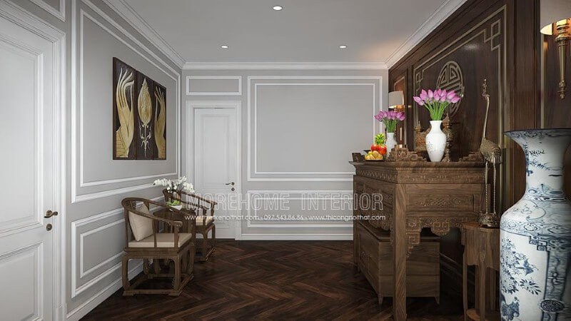 Bố trí nội thất phòng thờ đẹp, trang trọng hợp phong thủy từ nội thất gỗ óc chó cao cấp. thiết kế nội thất chung cư