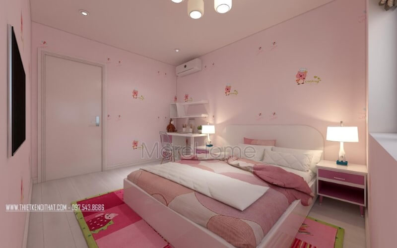 Giấy dán tường phòng ngủ đáng yêu với hình ảnh chú heo xinh xắn kết hợp đồ trang trí tràn ngập sắc hồng sẽ là lựa chọn tuyệt vời cho gái yêu của bạn. thiết kế nội thất chung cư