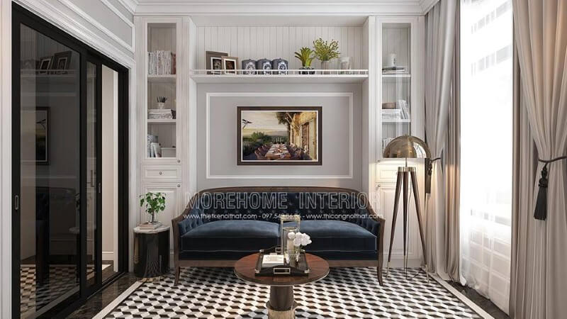 Kệ trang trí cùng ghế sofa được thiết kế khá hợp lý giúp không gian vừa trở nên thông thoáng nhưng lại tạo điểm nhấn ấn tượng, độc đáo cho phòng đọc sách. thiết kế nội thất chung cư