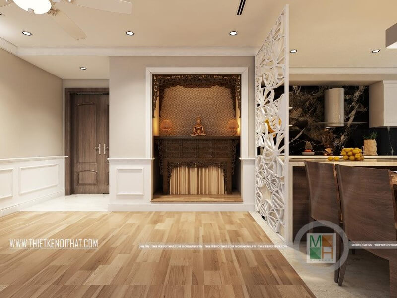 Mẫu thiết kế chung cư đẹp với khu thờ cúng trang trọng được tách biệt với khu bếp ăn qua vách cnc phòng thờ cao cấp giúp tiết kiệm được không gian diện tích mà mang lại sự tinh tế cho căn nhà thiết kế nội thất chung cư
