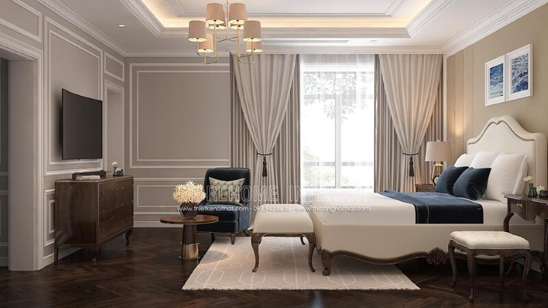 Thiết kế nội thất phòng ngủ master gỗ óc chó mang phong cách tân cổ điển sang trọng, độc đáo. thiết kế nội thất chung cư