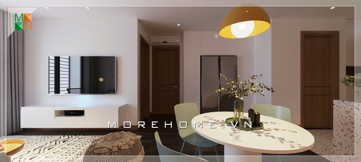 Mẫu thiết kế nội thất đơn giản phòng khách liền kề bếp ăn cho chung cư diện tích nhỏ theo phong cách hiện đại. Mẫu bàn ghế ăn hiện đại, bàn ăn hình tròn và màu trắng rất đẹp mắt. thiết kế nội thất chung cư