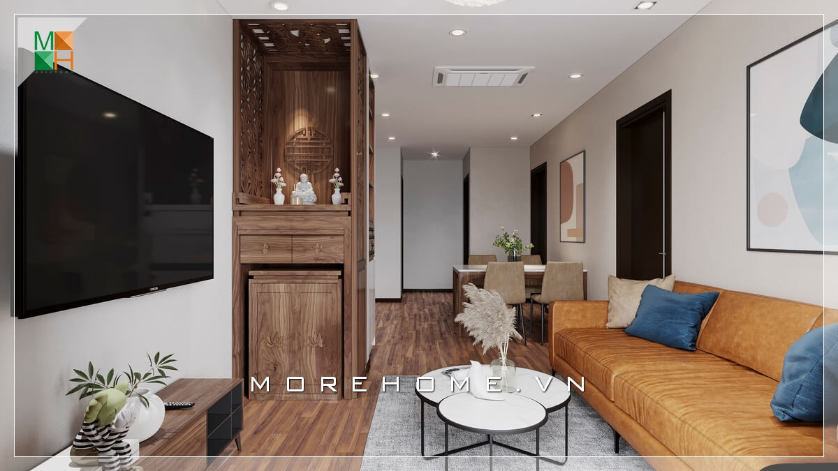 Mẫu sofa phòng khách màu nâu bọc da bò rất ấn tượng, mẫu bàn hiện đại 2 mặt tròn chồng lên nhau thiết kế rất độc đáo. thiết kế nội thất chung cư