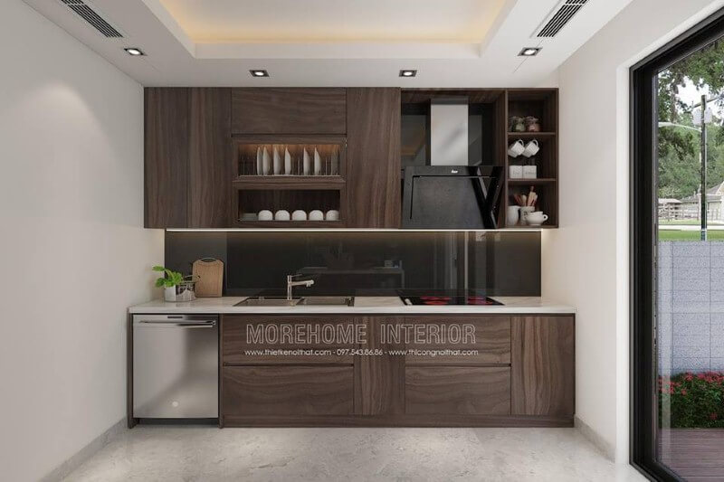 Kính ốp bếp màu đen đẹp ấn tượng trong không gian bếp hiện đại. thiết kế nội thất chung cư