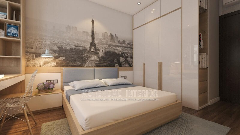 Giường bọc nệm hiện đại, tủ quần áo gỗ công nghiệp tối giản, đèn thả cùng tab đầu giường làm kệ đã tạo nên ý tưởng bố trí nội thất phòng ngủ đẹp, hiện đại nhưng đầy tiện ghi. thiết kế chung cư