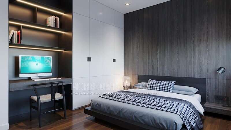 Gỗ ốp tường đẹp tạo điểm nhấn sang trọng cho phòng ngủ hiện đại. thiết kế nội thất chung cư