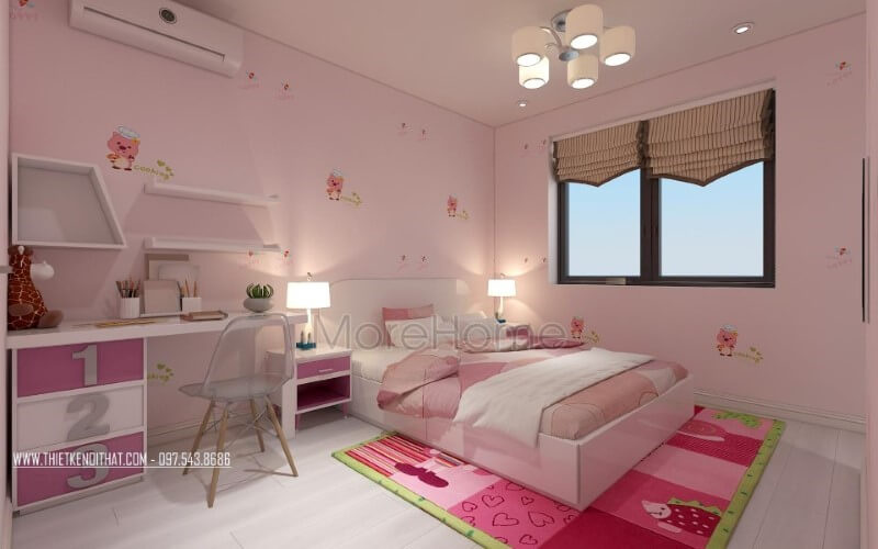 Thiết kế phòng ngủ con gái đẹp, đáng yêu từ sắc hồng điểm nhấn. thiết kế nội thất chung cư