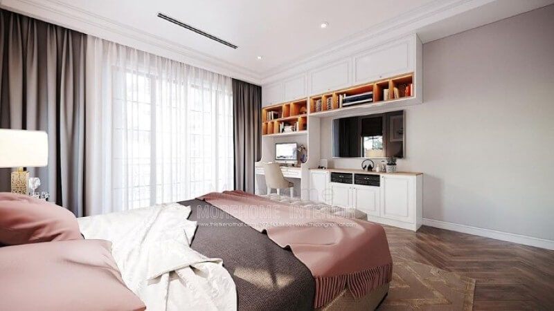 Bàn học liền kệ trang trí, kệ tivi, tủ đựng đồ tạo không gian đẹp, liền mạch, tối giản diện tích nhưng lại đảm bảo công năng hiệu quả cho phòng bé gái. thiết kế chung cư