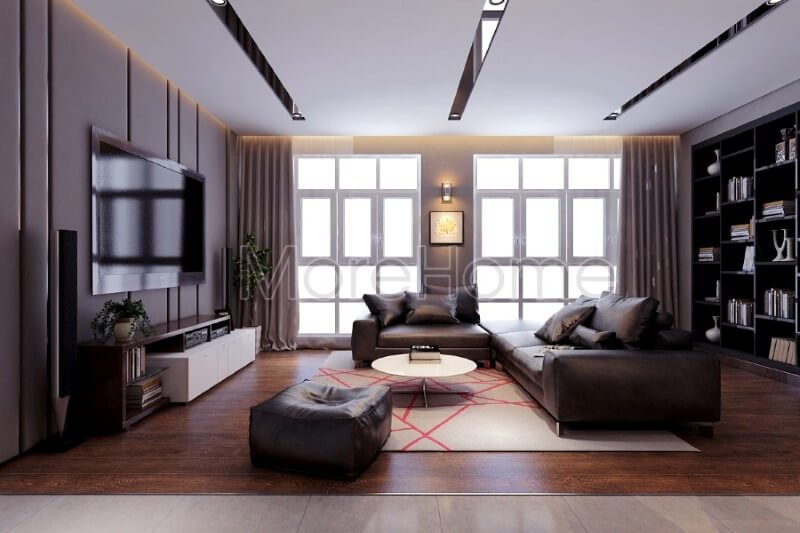 Việc bố trí hợp lí cũng như sử dụng khéo léo gam màu tối tinh tế, nội thất phòng khách chung cư trở nên sang trọng mà không kém phần ấm áp Thiết kế phòng khách chung cư hiện đại đẹp