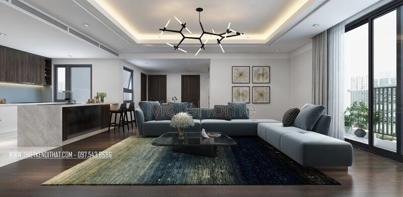 Trang trí nội thất phòng khách với gam màu xanh trẻ trung, năng động, đồ nội thất hiện đại đơn giản nhưng đáp ứng công năng. Thiết kế phòng khách chung cư hiện đại đẹp