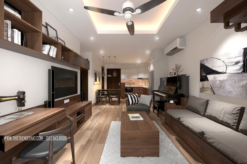 Trang trí phòng khách chung cư đẹp và ấn tượng với tone màu trầm từ nội thất gỗ Thiết kế phòng khách chung cư hiện đại đẹp