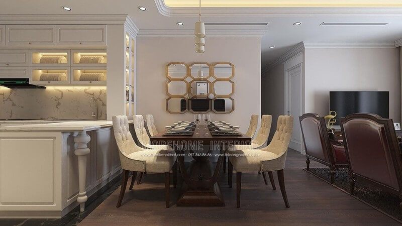 Phòng ăn tân cổ điển được thiết kế với bộ bàn ăn tone màu trắng và nâu ấm cũng và thân thiện Mẫu nội thất chung cư đẹp