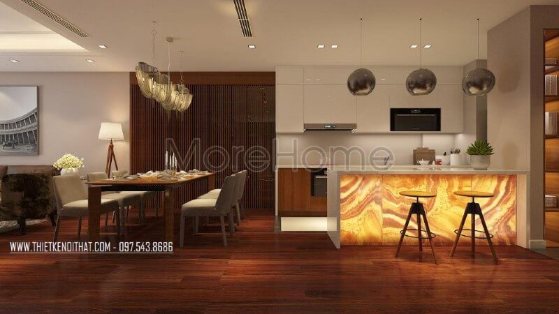 Thiết kế nội thất phòng ăn liền kề với khu vực nấu nướng mang lại sự thuận tiện hơn cho gia chủ Mẫu nội thất chung cư đẹp
