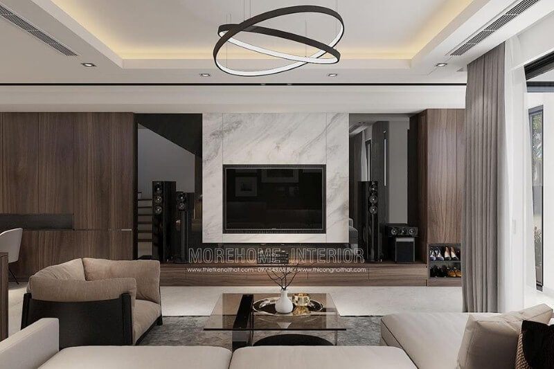 Trang trí phòng khách hiện đại đẹp ấn tượng với đá marble điểm nhấn Mẫu nội thất chung cư đẹp